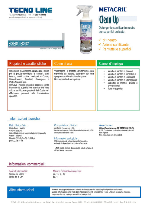 METACRIL - Clean Up - detergente sanificante neutro 500 ml | Prodotto pulizia
